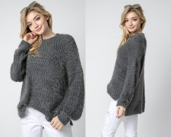 Solid Cozy Fuzzy Knit Slit Oversized 