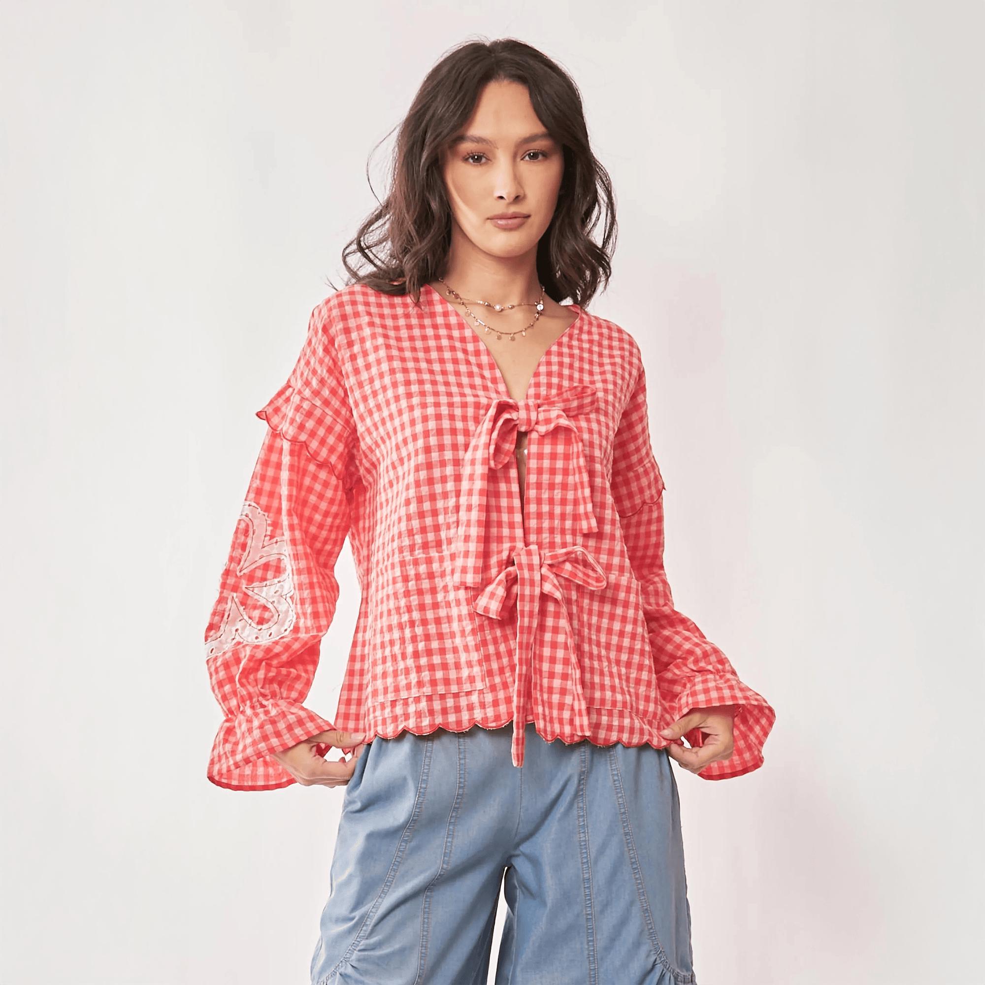 シャツ/ブラウス(長袖/七分) rosy monster piping gingham blouse  navy シャツブラウス 長袖 レディース 春夏秋 | ミニミニストア