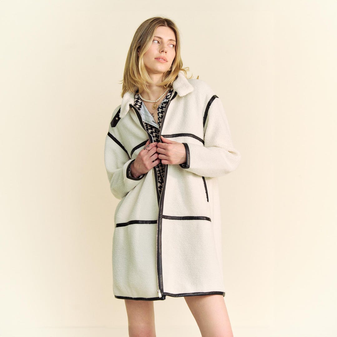Oversized White Sherpa Coat With Black Leather Lining Details