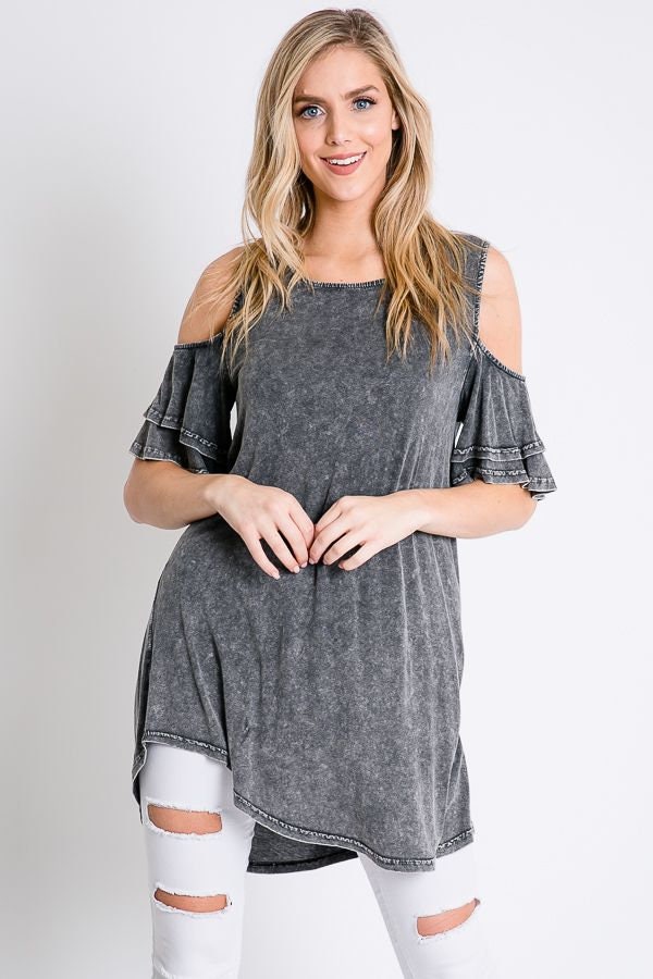 S-L Stone Washed Cold Shoulder Tiered Short Sleeve Tunic Top - Etsy