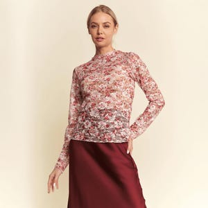 Floral Lace Mesh Long Sleeve Top Sheer See Through Blouse Vintage Romantic Layering Shirt Soft Feminine Cottagecore Aesthetic
