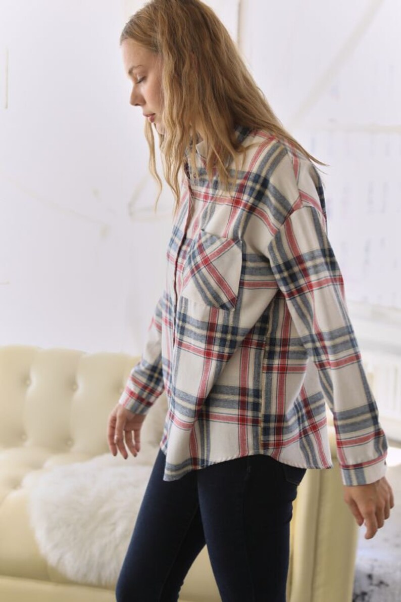 Plaid Print Button Down Collared with Pocket Shirt Top for Women