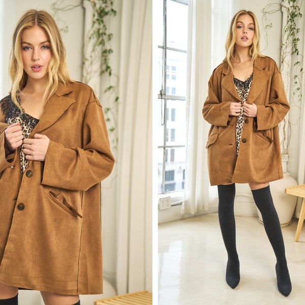 Suede Jacket Women - Faux Leather Jacket - Vintage Soft Suede Blazer Jacket - Women's Brown Leather Coat - Ladies Blazer Coat