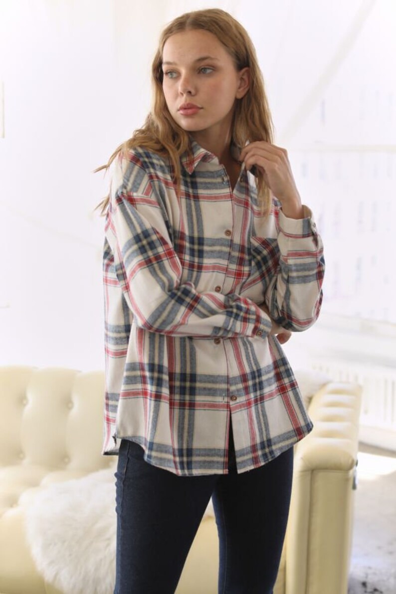 Plaid Print Button Down Collared with Pocket Shirt Top for Women