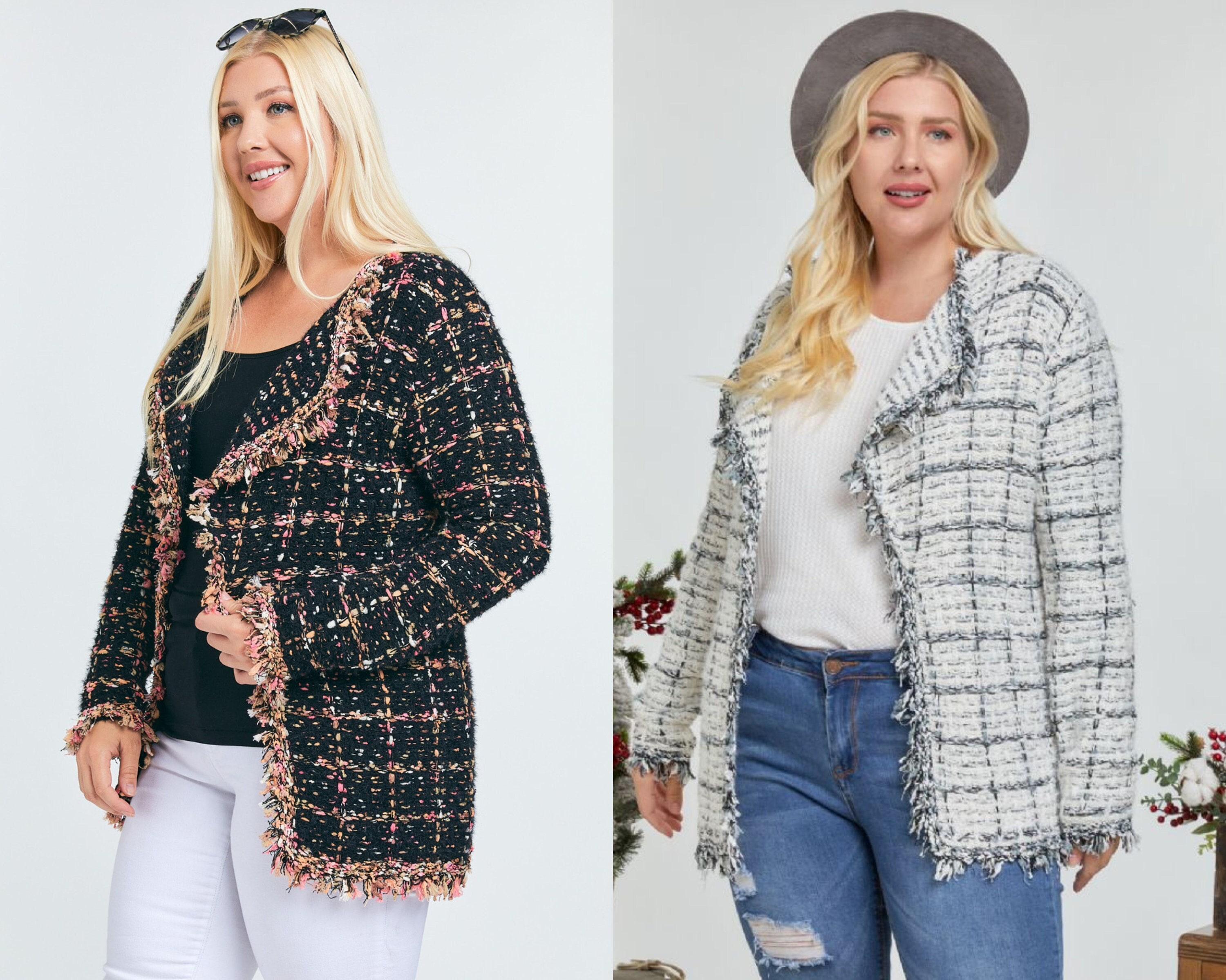 Plus Size Long Sleeve Tweed Fringe Black White Jacket 2XL - Etsy