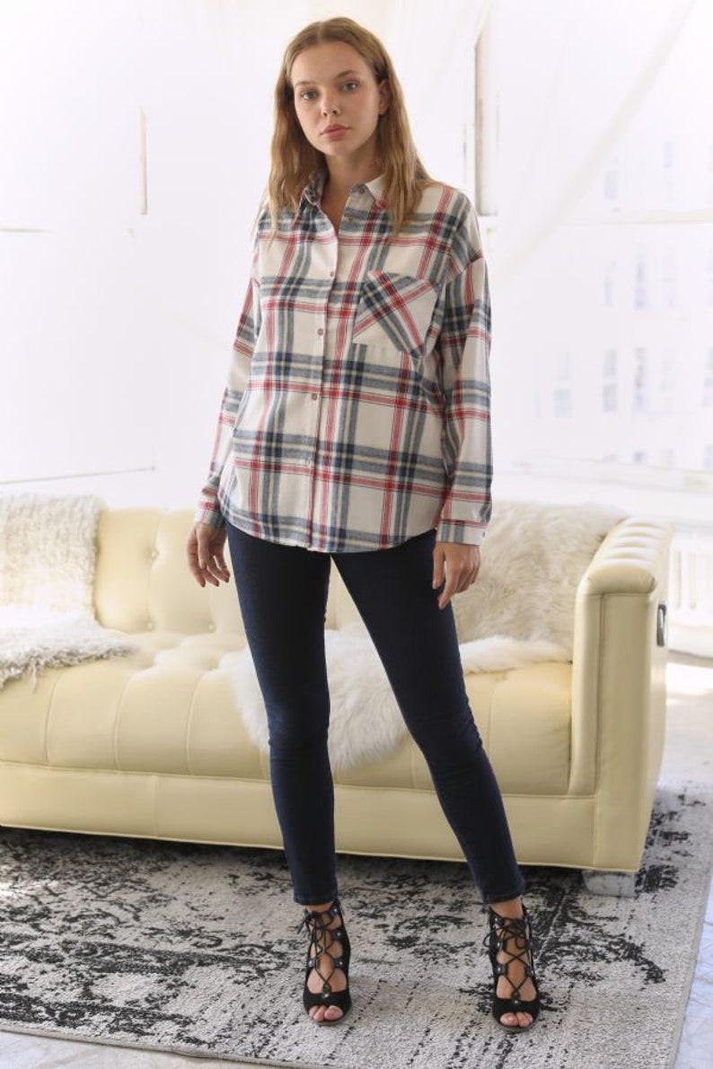 Plaid Print Button Down Collared with Pocket Shirt Top for Women