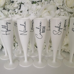 Personalised White Prosecco Flute, plastic champagne glass, Hen Do Wedding flute, Bride, Bridesmaid proposal, Maid of Honour, name