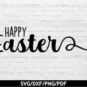 May include: Black and white text graphic on a white brick background. The text reads "Happy Easter" in a cursive font.
