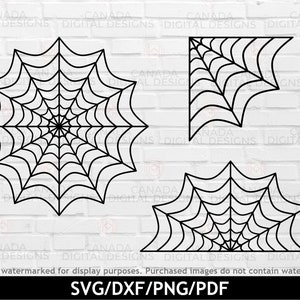 Peut inclure: Trois motifs de toile d'araignée noirs et blancs. Le premier motif est une toile d'araignée circulaire complète. Les deuxième et troisième motifs sont des toiles d'araignée d'angle.