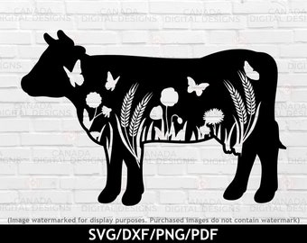 May include: Black silhouette of a cow with a field of flowers and wheat inside the outline. The flowers include daisies, poppies, and other wildflowers. Butterflies are also included in the design.