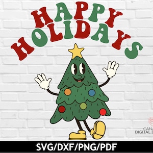 May include: A green Christmas tree with a smiling face and googly eyes waves with one hand and holds a red ornament in the other. The tree is decorated with red, green, blue, and yellow ornaments. The text "Happy Holidays" is written in red, green, and white letters above the tree.