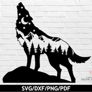 May include: Black silhouette of a wolf howling at the moon with a forest scene inside the wolf's body. The wolf is standing on a hill.
