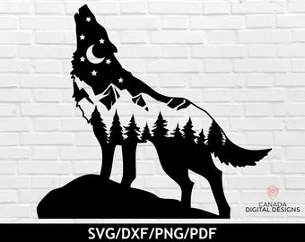 Mountain wolf silhouette svg, Mountain scenery svg, Night sky svg, Wolf mountain svg, Wolf clipart, Wolf silhouette print, Cricut svg files
