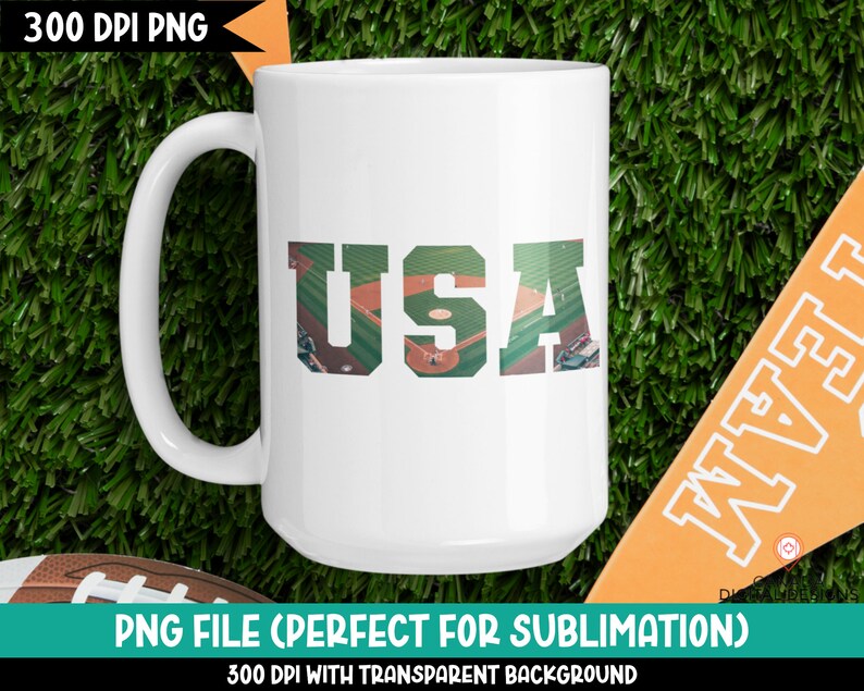 May include: White ceramic mug with a graphic of a baseball field in the shape of the letters "USA".