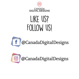 Peut inclure: Fond blanc avec le texte &laquo;&nbsp;LIKE US? FOLLOW US!&nbsp;&raquo;. L'image comprend des ic&ocirc;nes de m&eacute;dias sociaux pour Facebook et Instagram, avec les identifiants @CanadaDigitalDesigns.