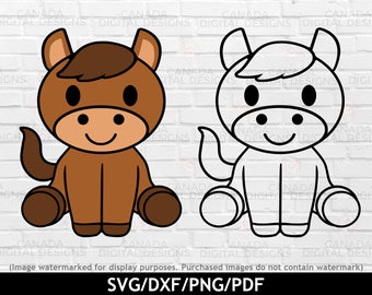 May include: A brown and white cartoon horse sitting with its legs crossed. The horse has a brown mane and tail, and black eyes. The horse is outlined in black.