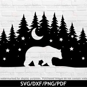 Bear landscape svg, Night sky svg, Bear forest silhouette svg, Moon and stars print, Bear clipart, Bear silhouette print, Cricut svg files