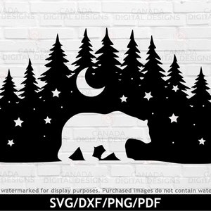 Berenlandschap svg, nachtelijke hemel svg, berenbos silhouet svg, maan en sterren afdrukken, beer clipart, beer silhouet afdrukken, Cricut svg-bestanden