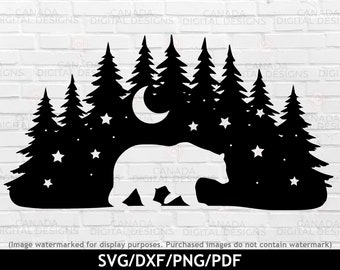 Bären Landschaft, Bären Nachthimmel, Bären Wald Silhouette, Mond und Sterne Druck, Bären Clipart, Bären Silhouette Druck, Cricut Dateien