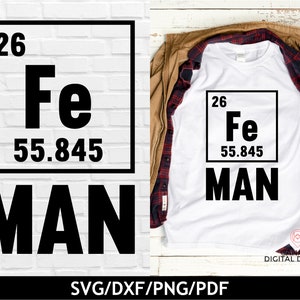 Fe man svg, Tabla periódica divertida svg, Juego de palabras de ciencia svg, Elemento de hierro svg, Día del padre divertido svg, Archivo de corte de vida de papá, Super svg