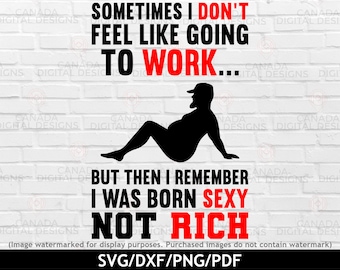 May include: A white brick wall with a black silhouette of a person sitting down. The text "Sometimes I don't feel like going to work... But then I remember I was born sexy not rich" is written in red letters.