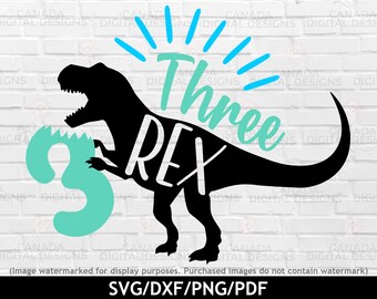 Tre rex svg, T rex svg, dinosauriefödelsedag svg, dinosaurietema födelsedag svg, 3-årsdag svg, 3-årsdag tröjdesign, svg dxf png pdf