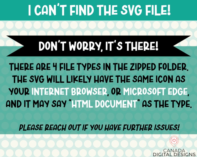 May include: A teal and white graphic with the text "I CAN'T FIND THE SVG FILE! DON'T WORRY, IT'S THERE!" The text explains how to find the SVG file in a zipped folder. The bottom of the graphic says "PLEASE REACH OUT IF YOU HAVE FURTHER ISSUES!"