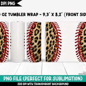 Puede incluir: Una envoltura para vaso de 20 onzas con un diseño de béisbol y un fondo de estampado de leopardo. La envoltura mide 9,3 pulgadas por 8,2 pulgadas y está diseñada para sublimación.