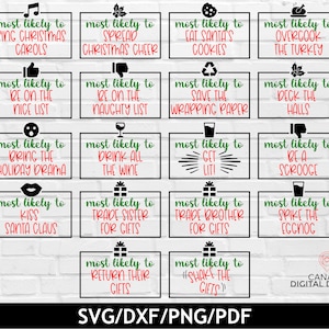 Puede incluir: Un conjunto de 16 etiquetas de regalo de Navidad en blanco y negro con bordes verdes y rojos. Cada etiqueta presenta una actividad o rasgo de personalidad relacionado con las fiestas, como "el más probable de cantar villancicos" o "el más probable de ser un Scrooge".