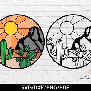 Escena del desierto svg, Escena de cactus svg, Cactus occidental svg, Escena del desierto de Arizona svg, Puesta de sol del desierto svg, Círculo de cactus svg, Archivo de corte de cactus