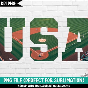 May include: USA spelled out in white letters with a baseball field background. The field is green with white lines and a brown infield. The image is 300 DPI and has a transparent background.