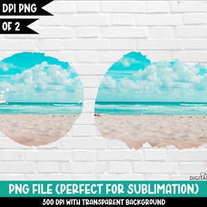 May include: Two digital illustrations of a beach scene with a blue sky, white clouds, blue ocean waves, and white sand. The images are in a rough circle shape with a white brick background.
