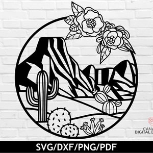Ramka z kwiatami kaktusa svg, Krajobraz pustyni svg, Scena kaktusa svg, Scena górska svg, Scena pustyni w Arizonie svg, Plik do cięcia kaktusów