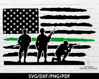 Dunne groene lijn svg, Solider silhouet svg, Dunne groene lijn vlag png, Militaire svg, Grens patrouille svg, Distressed USA vlag svg