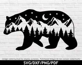 Mountain bear silhouette svg, Bear mountain svg, Mountain scenery svg, Night sky svg, Bear clipart, Bear silhouette print, Cricut svg files
