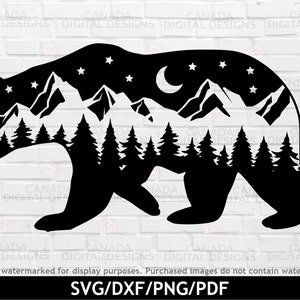 Svg silhouette montagne ours, montagne ours svg, svg paysages de montagne, ciel nocturne svg, clipart ours, impression silhouette ours, fichiers svg Cricut