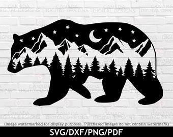 Mountain bear silhouette svg, Bear mountain svg, Mountain scenery svg, Night sky svg, Bear clipart, Bear silhouette print, Cricut svg files