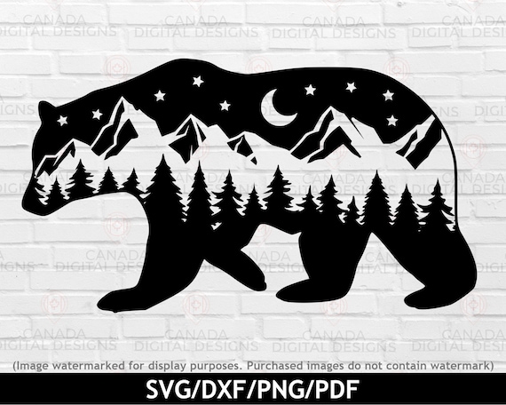 Mountain bear silhouette svg, Bear mountain svg, Mountain scenery svg, Night sky svg, Bear clipart, Bear silhouette print, Cricut svg files