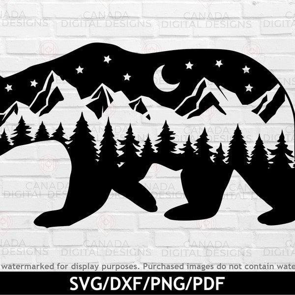 Mountain bear silhouette svg, Bear mountain svg, Mountain scenery svg, Night sky svg, Bear clipart, Bear silhouette print, Cricut svg files