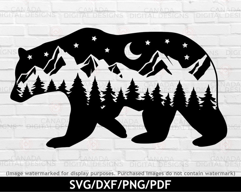 May include: Black silhouette of a bear with a mountain range, trees, and a crescent moon inside the bear's outline. The design is perfect for a nature-themed craft project.