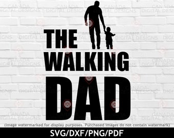 Op de afbeelding: Zwart-wit silhouetontwerp van een vader en kind dat loopt, met de tekst "The Walking Dad" in grote, vetgedrukte letters.