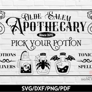 Peut inclure: Illustration en noir et blanc d'une enseigne pour l'apothicairerie Olde Salem, fondée en 1692. L'enseigne indique "Choisissez votre potion" et présente trois fioles de potion avec des étiquettes pour "Potions", "Elixirs", "Toniques" et "Sorts".
