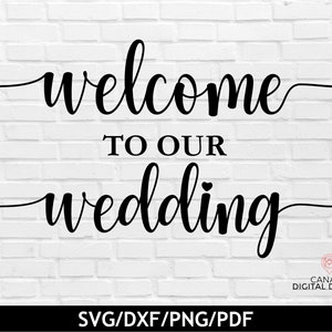 May include: Black and white text on a white brick wall background. The text reads "Welcome to our wedding".