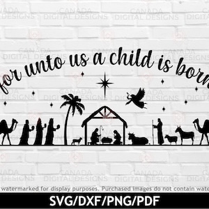 Silueta natividad svg, Porque para nosotros un niño nace svg, decoración de Navidad imprimible, verso bíblico svg, Niño Jesús svg, Nativity escena svg