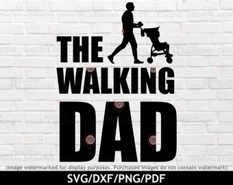 Op de afbeelding: Zwart-witte silhouet van een persoon die een kinderwagen duwt met de tekst "The Walking Dad" op een witte bakstenen achtergrond.