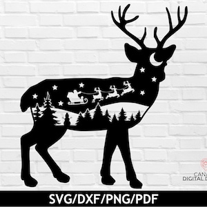 Renna di Natale svg, silhouette di renna svg, scena di Natale png, notte di Natale svg, clipart di renna, file svg per Cricut