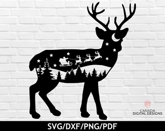 Christmas reindeer svg, Reindeer silhouette svg, Christmas scene png, Christmas night svg, Reindeer clipart, Svg file for Cricut