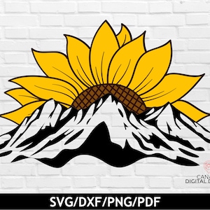 Paisagem de montanha svg, girassol em camadas svg, arquivo de corte de silhueta de montanha, camiseta de girassol svg, cena de montanha svg, svg png dxf pdf
