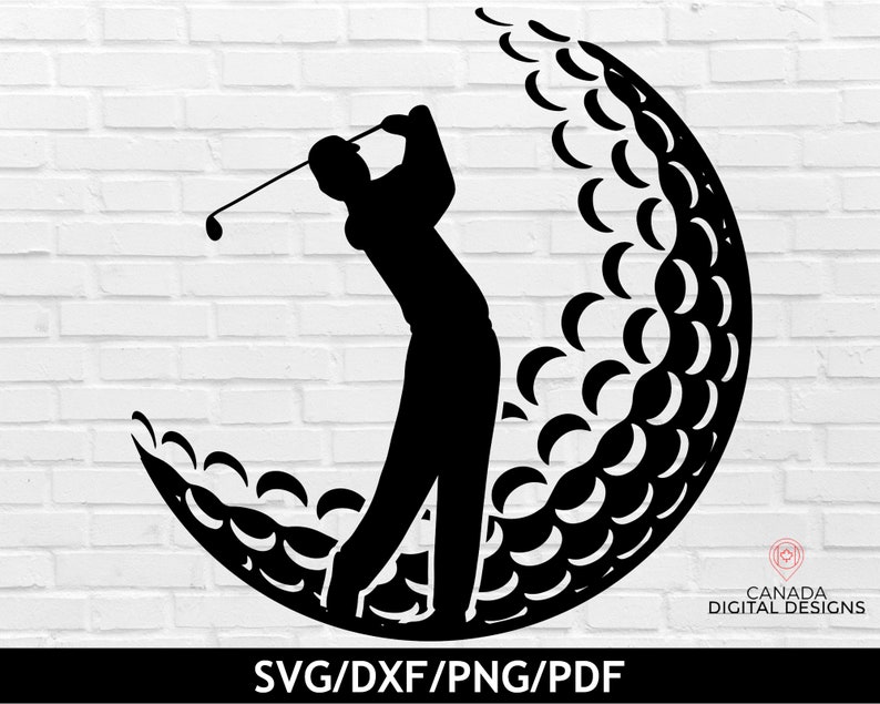 K&ouml;nnte beinhalten: Schwarze Silhouette eines Golfers, der einen Schl&auml;ger schwingt, mit einem Golfball-Design im Hintergrund.