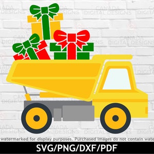 May include: A yellow toy dumper truck with a bed full of wrapped presents. The presents are red, green, and yellow with green and red bows.